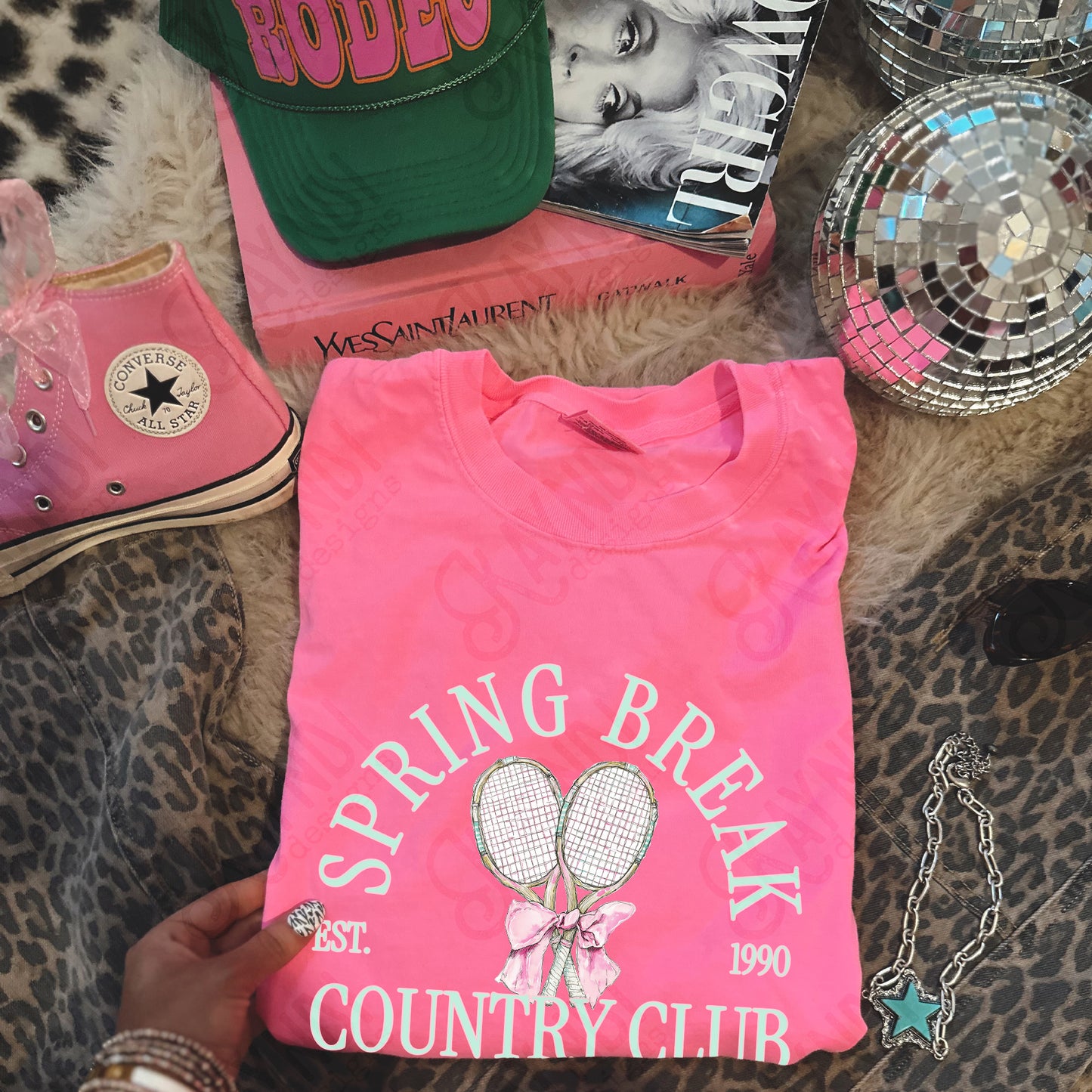 Spring Break Country Club Tennis Sublimation Design PNG Digital Download Green Racket Bow