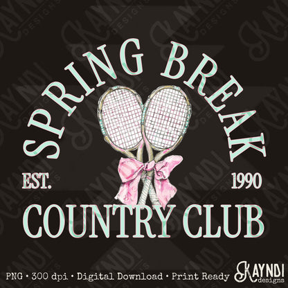 Spring Break Country Club Tennis Sublimation Design PNG Digital Download Green Racket Bow
