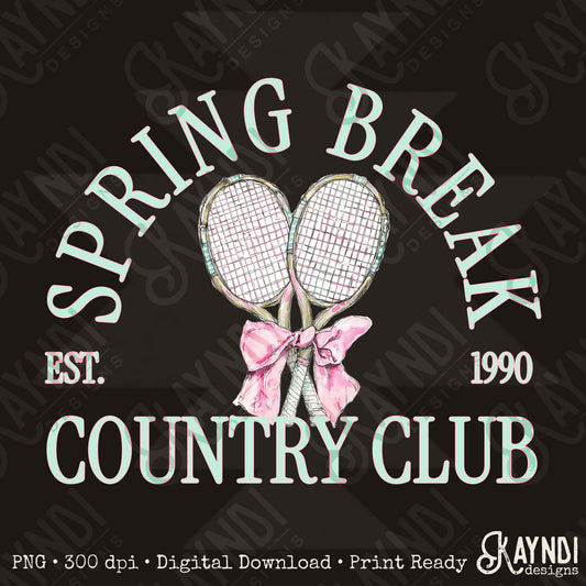 Spring Break Country Club Tennis Sublimation Design PNG Digital Download Green Racket Bow