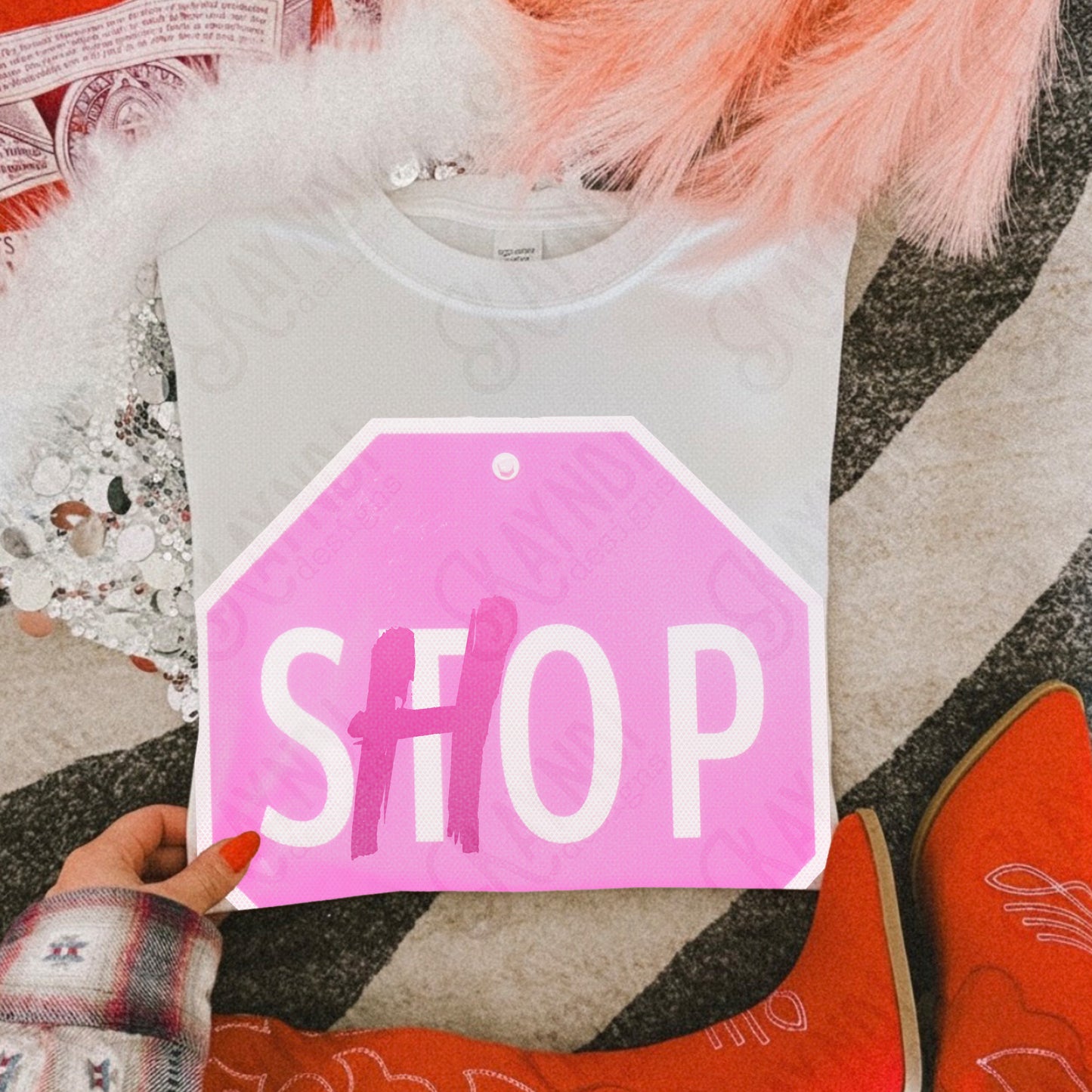 Stop Shop Sublimation Design PNG Digital Download Pink Sign Shopping