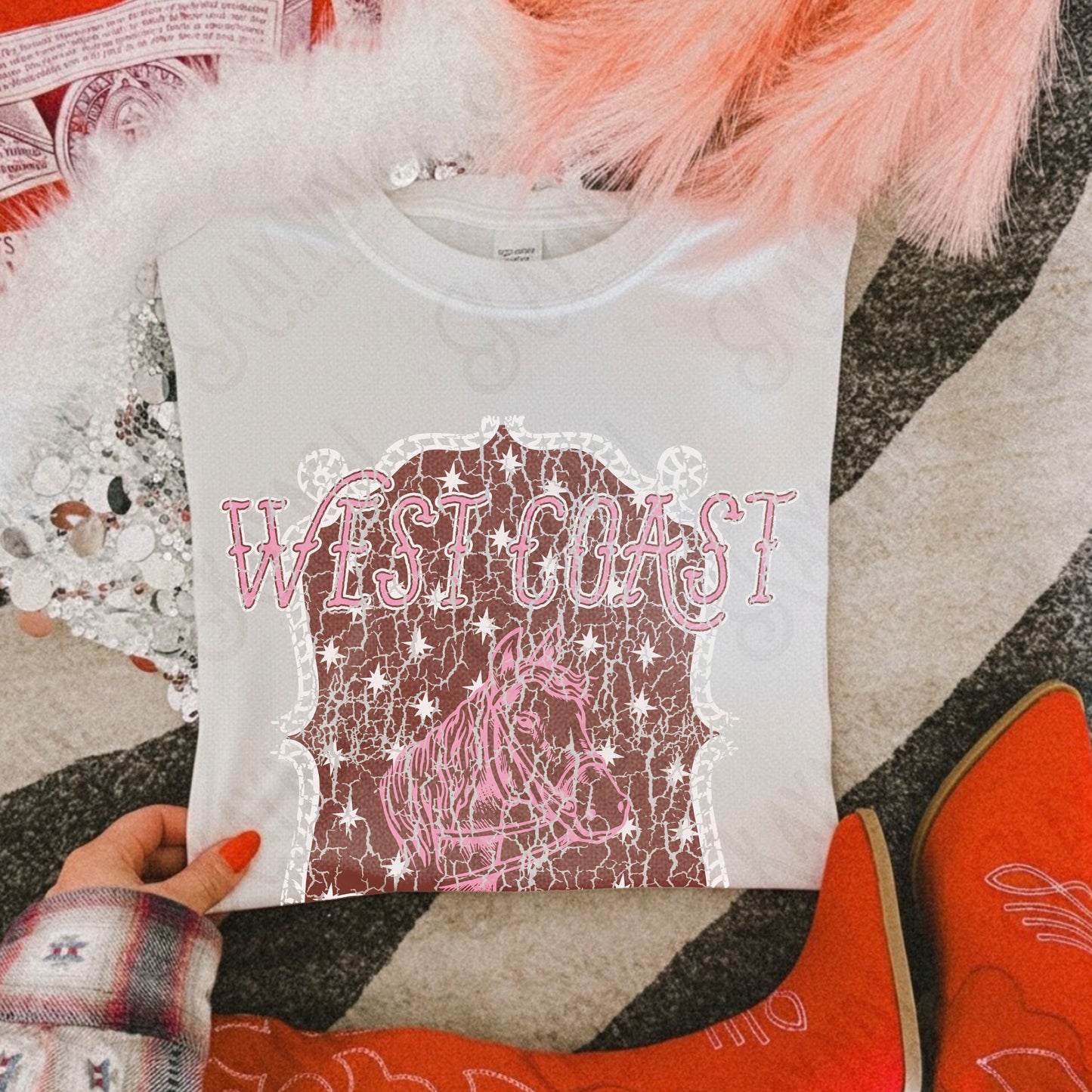WEST COAST Pink Distressed Sublimation Design PNG Digital Download Horse Glory