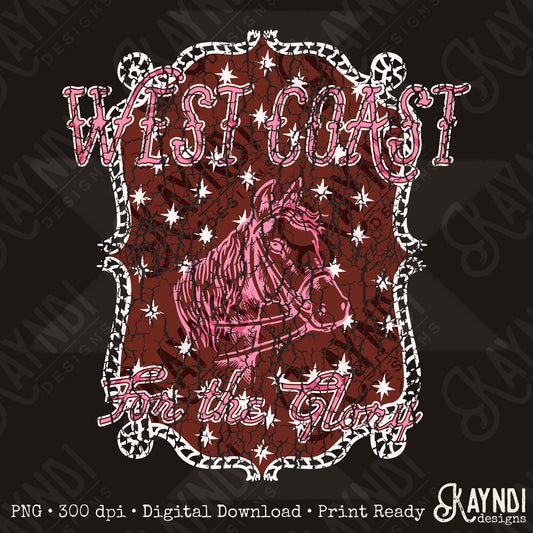 WEST COAST Pink Distressed Sublimation Design PNG Digital Download Horse Glory