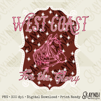 WEST COAST Pink Sublimation Design PNG Digital Download Horse Glory