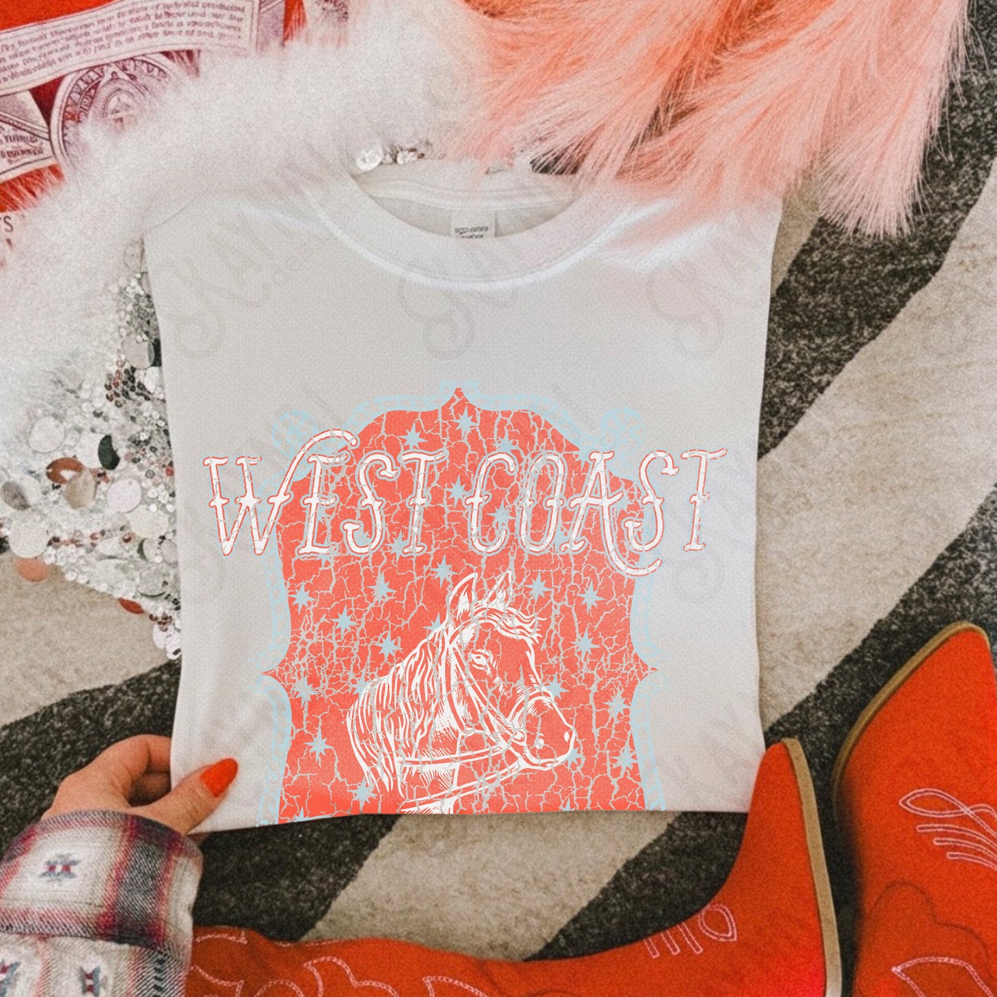 WEST COAST Red Distressed Sublimation Design PNG Digital Download Horse Glory