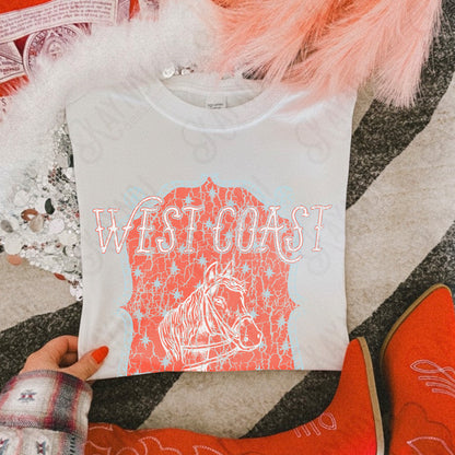 WEST COAST Red Distressed Sublimation Design PNG Digital Download Horse Glory