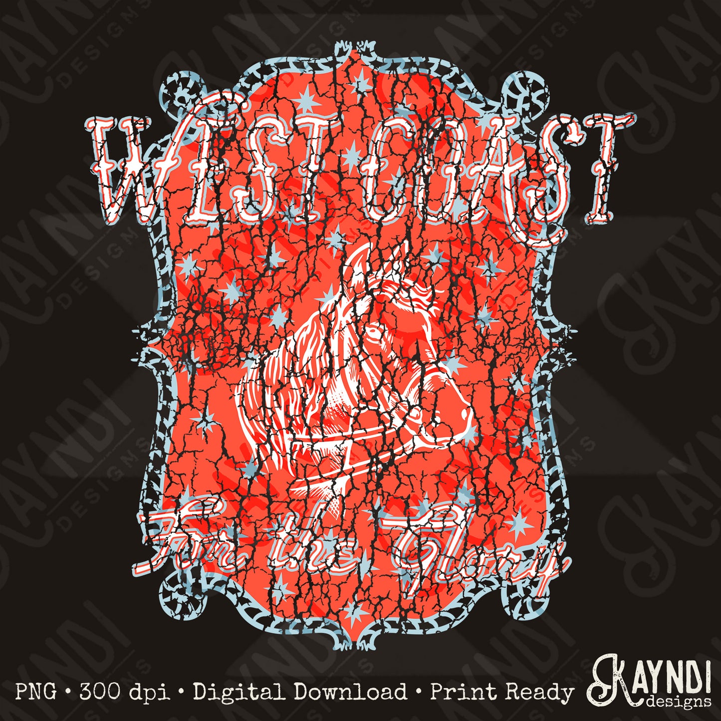 WEST COAST Red Distressed Sublimation Design PNG Digital Download Horse Glory