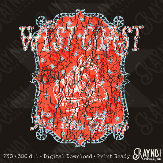 WEST COAST Red Distressed Sublimation Design PNG Digital Download Horse Glory
