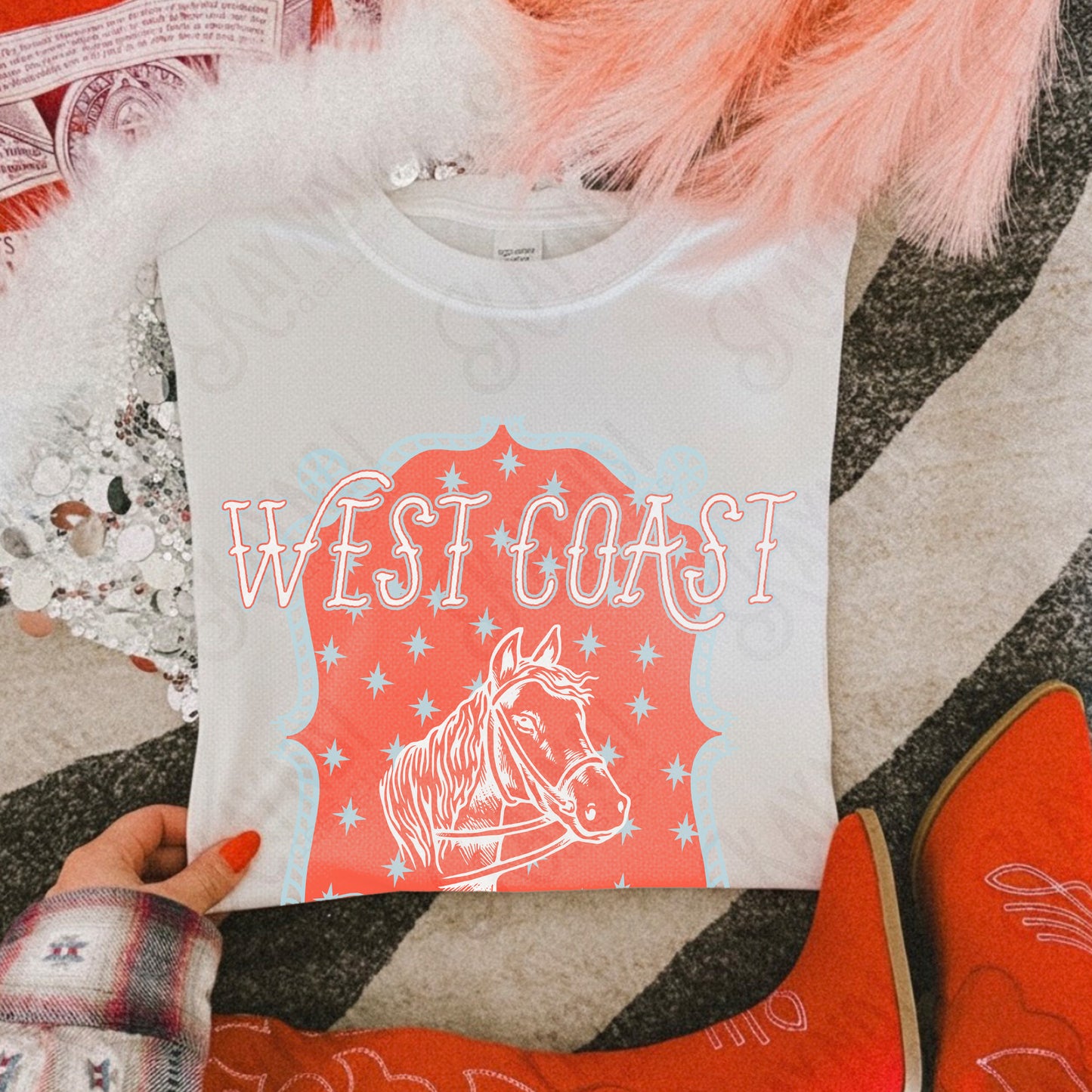 WEST COAST Red Sublimation Design PNG Digital Download Horse Glory