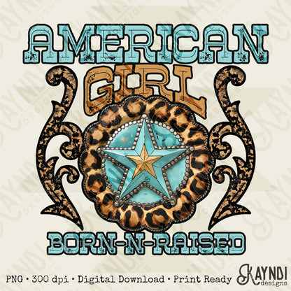 American Girl Sublimation Design PNG Digital Download Printable Western Cheetah Turquoise