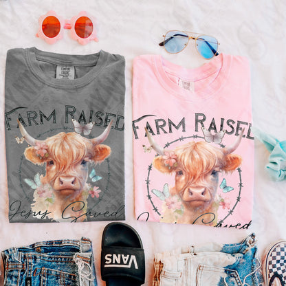 Farm Raised Jesus Saved Sublimation Design PNG Digital Download Printable Faith Highland Cow