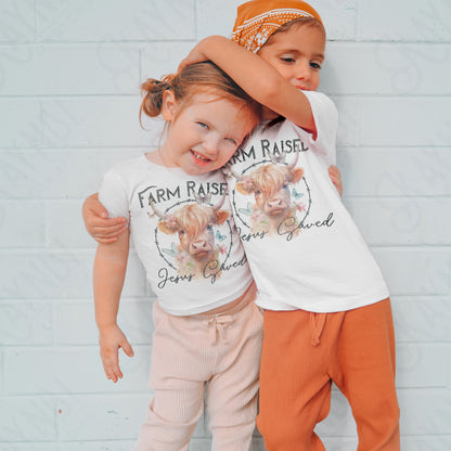 Farm Raised Jesus Saved Sublimation Design PNG Digital Download Printable Faith Highland Cow