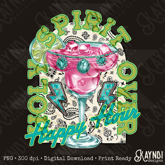 Holy Spirit over Happy Hour Sublimation Design PNG Digital Download Printable Turquoise Drinks Western Lightning Bolts