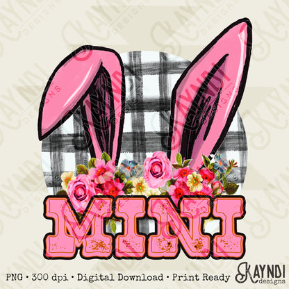 Mini Bunny Ears Sublimation Design PNG Digital Download Printable Easter Flowers Checkered