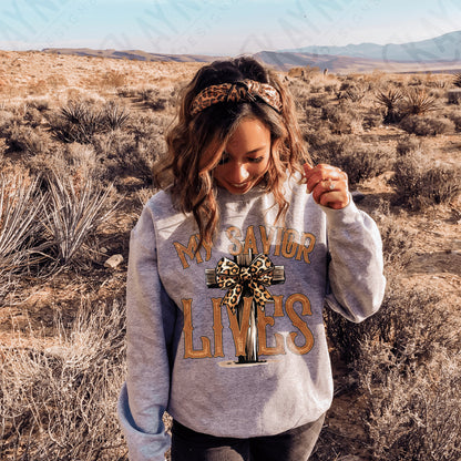 My Savior Lives Sublimation Design PNG Digital Download Printable Faith Cross Cheetah