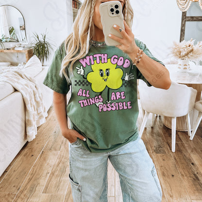With God All Things are Possible Sublimation Design PNG Digital Download Printable Retro Groovy Checkered Clover