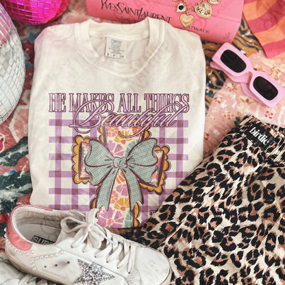 He Makes All Things Beautiful Sublimation Design PNG Digital Download Faith Cross Plaid