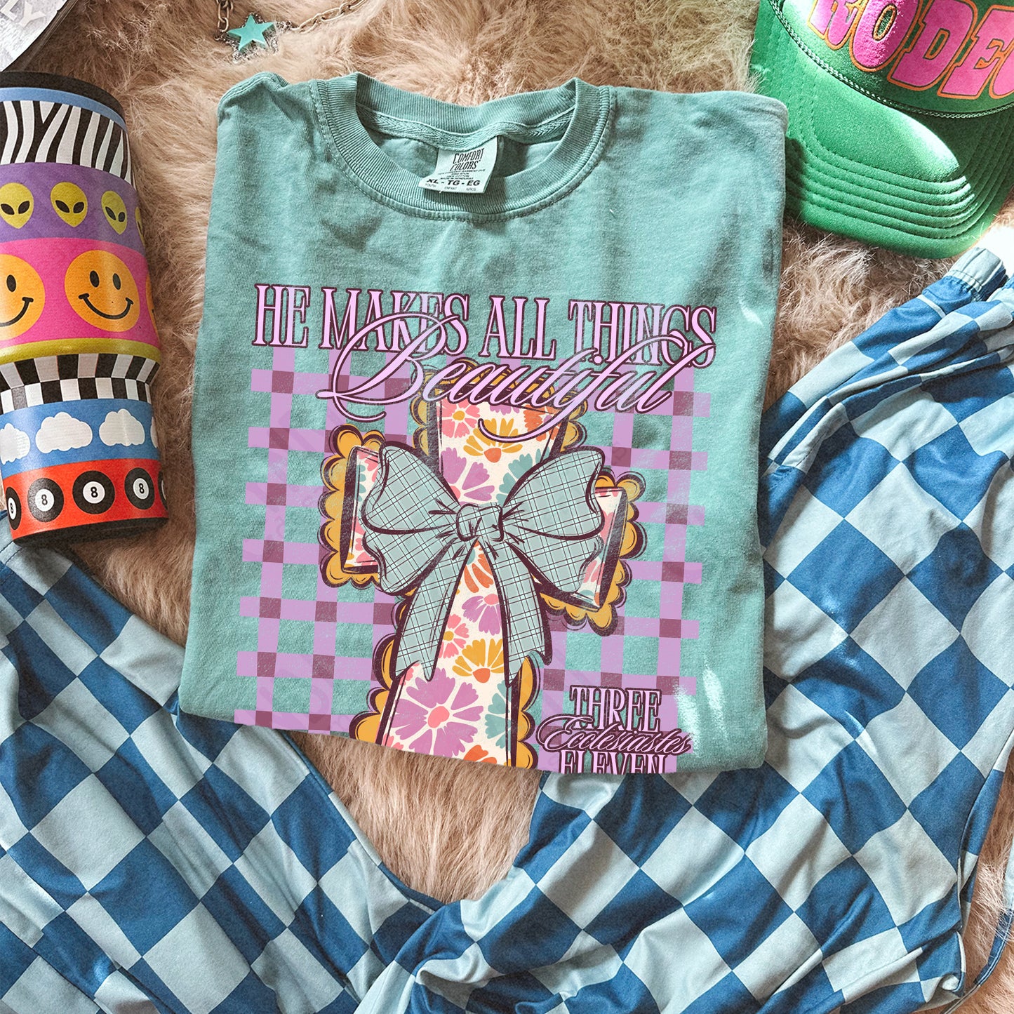 He Makes All Things Beautiful Sublimation Design PNG Digital Download Faith Cross Plaid