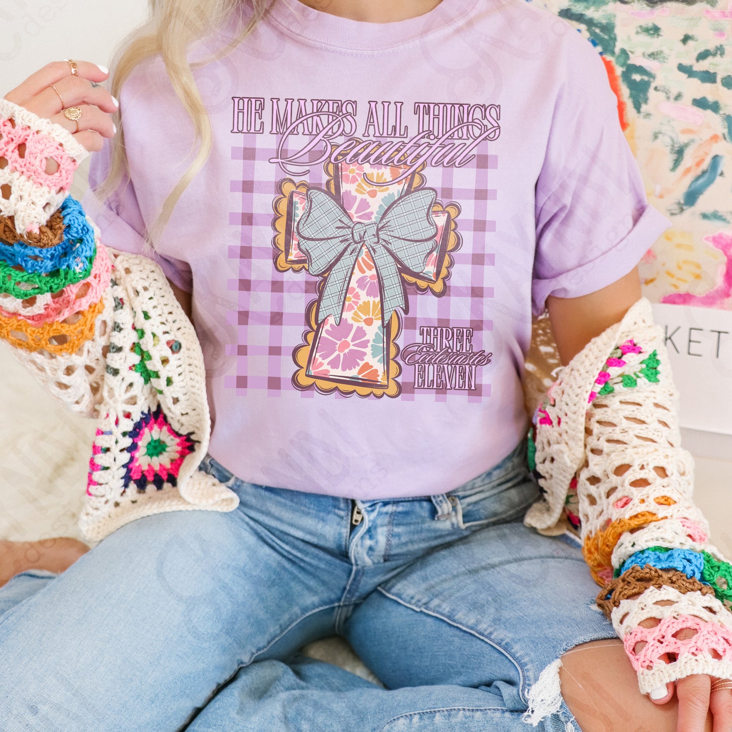 He Makes All Things Beautiful Sublimation Design PNG Digital Download Faith Cross Plaid