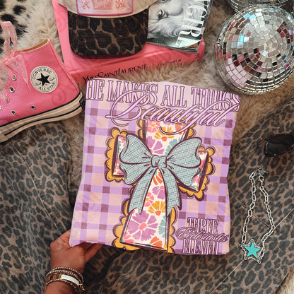 He Makes All Things Beautiful Sublimation Design PNG Digital Download Faith Cross Plaid