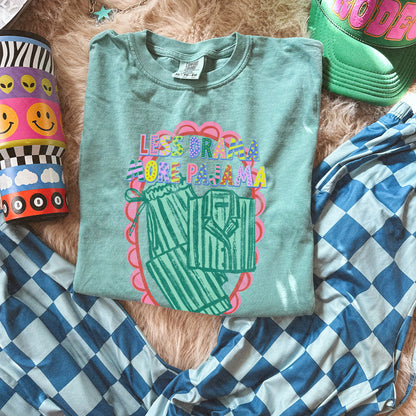 Less Drama More Pajama Sublimation Design PNG Digital Download Scalloped Green Stripe