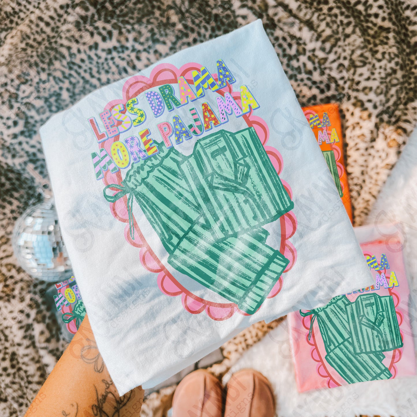 Less Drama More Pajama Sublimation Design PNG Digital Download Scalloped Green Stripe