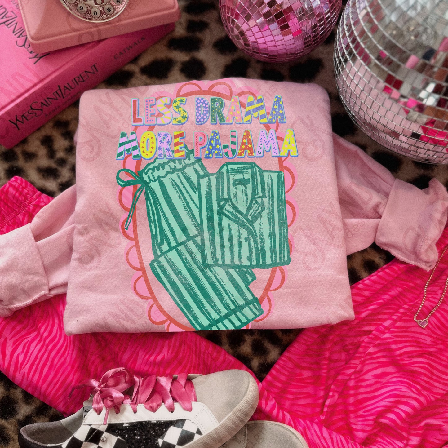 Less Drama More Pajama Sublimation Design PNG Digital Download Scalloped Green Stripe