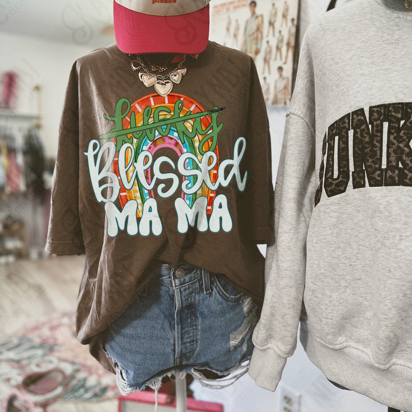 Not Lucky Blessed Mama Sublimation Design PNG Digital Download Rainbow Green Lucky Mom
