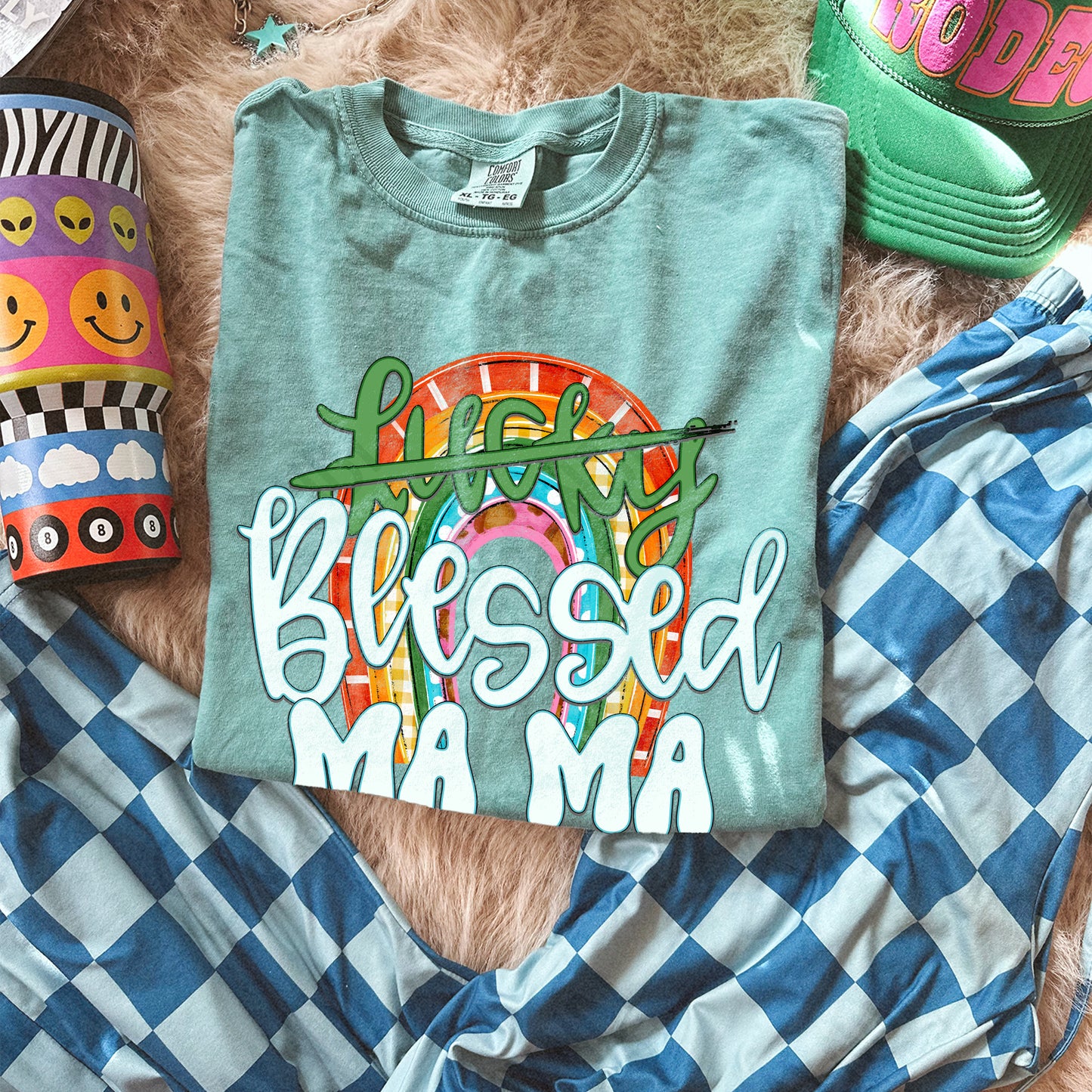 Not Lucky Blessed Mama Sublimation Design PNG Digital Download Rainbow Green Lucky Mom