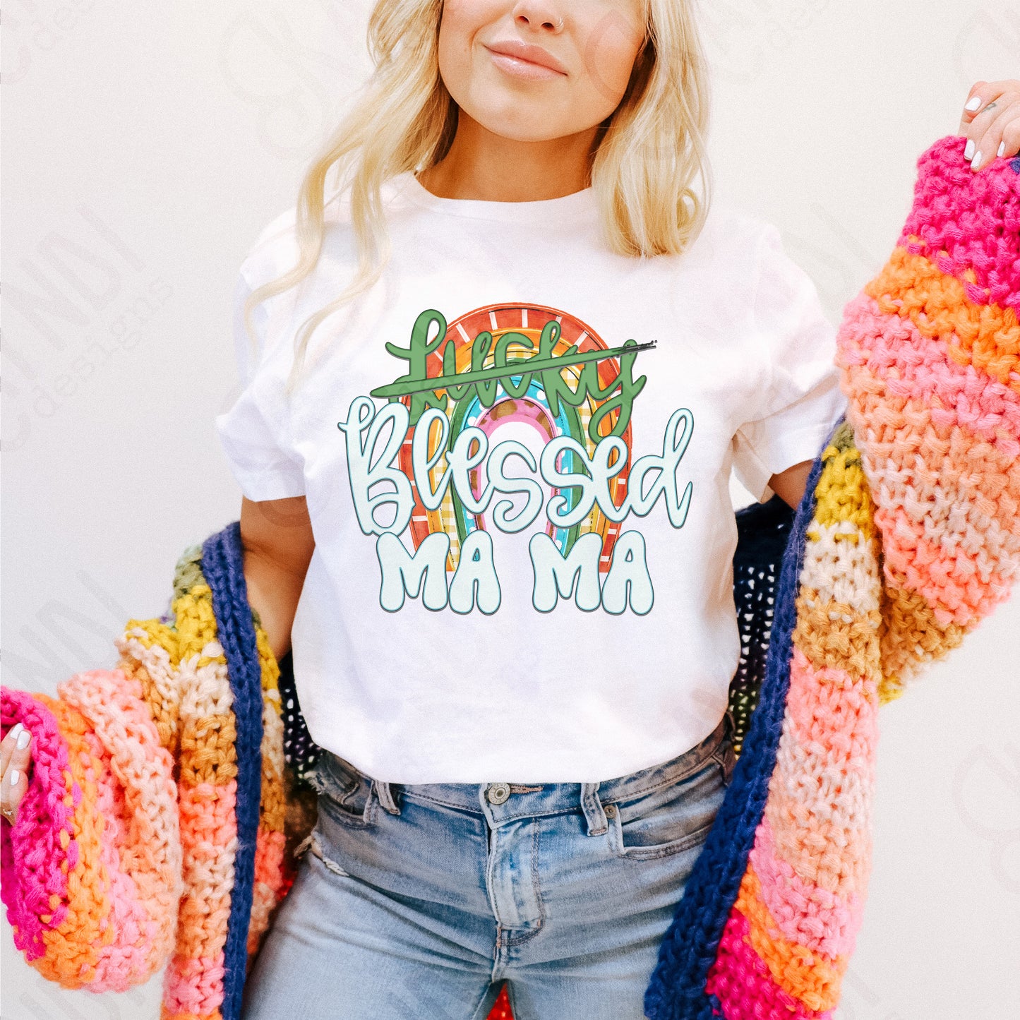 Not Lucky Blessed Mama Sublimation Design PNG Digital Download Rainbow Green Lucky Mom