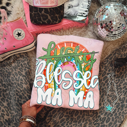 Not Lucky Blessed Mama Sublimation Design PNG Digital Download Rainbow Green Lucky Mom