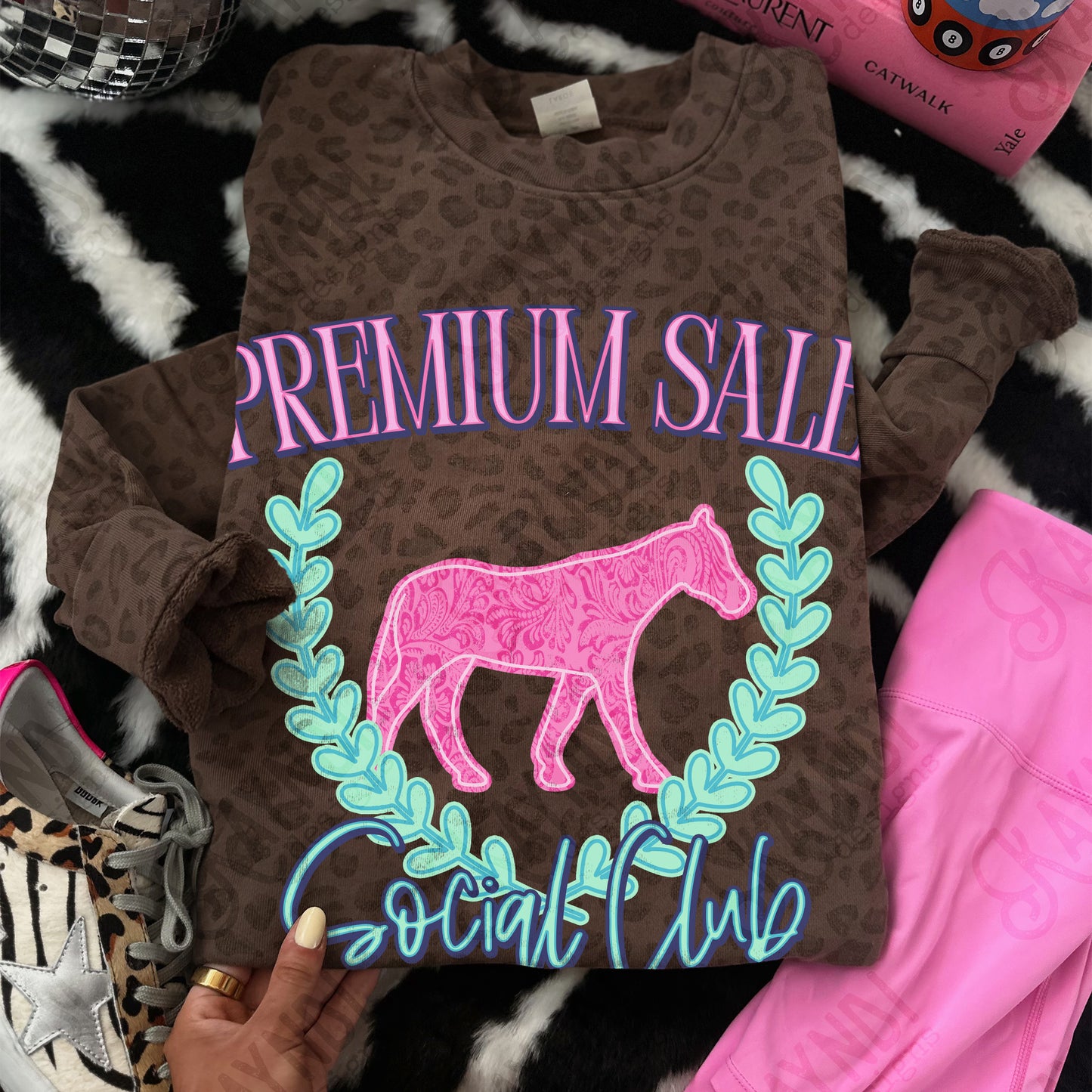 Premium Sale Social Club Horse Leather Sublimation Design PNG Digital Download Pink Teal