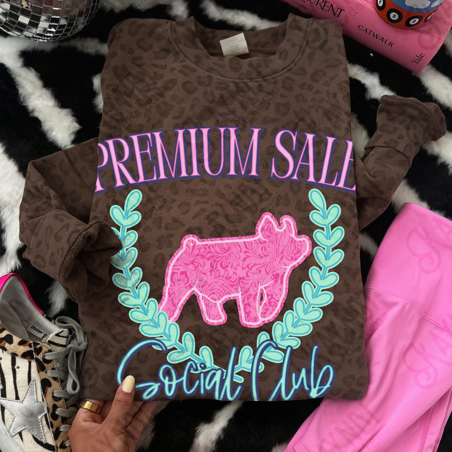 Premium Sale Social Club Pig Leather Sublimation Design PNG Digital Download Pink Teal