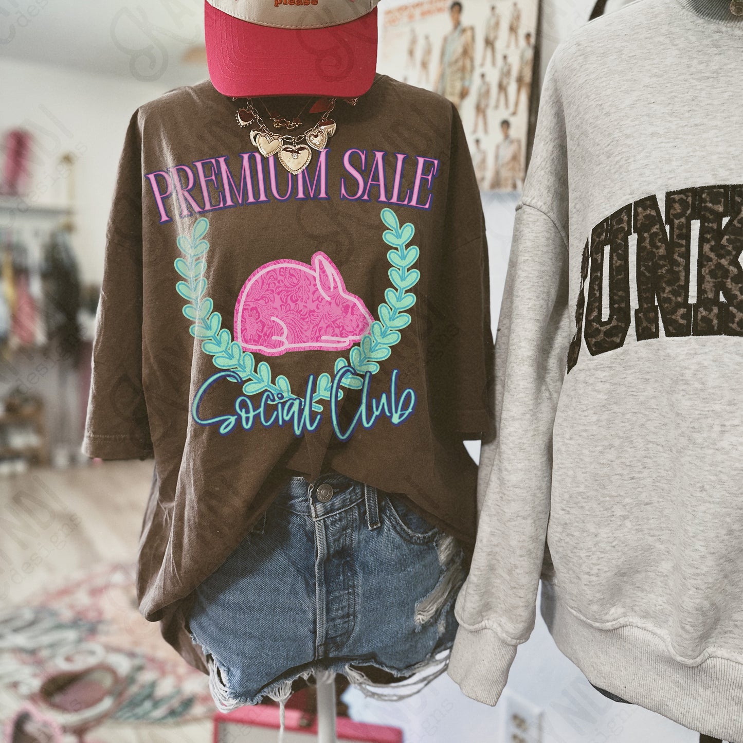 Premium Sale Social Club Rabbit Leather Sublimation Design PNG Digital Download Pink Teal