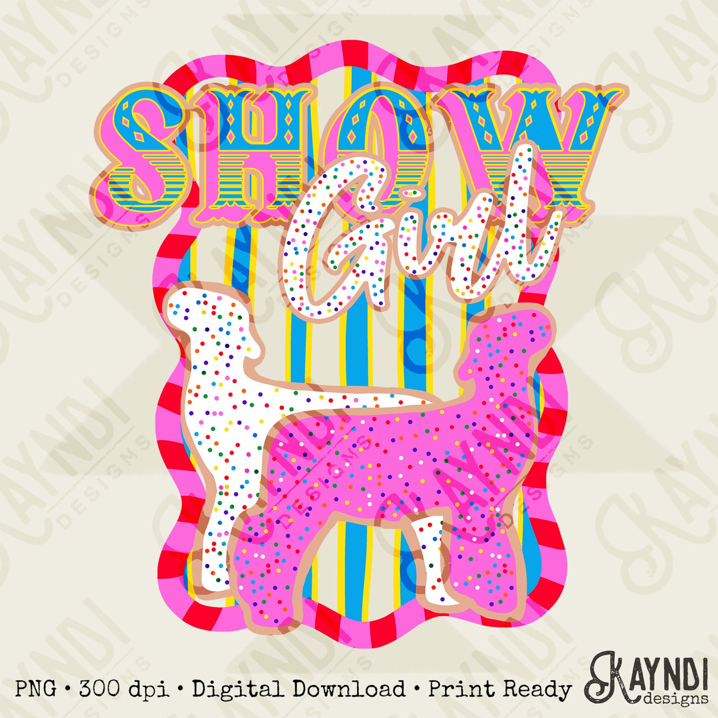 Show Girl Lamb Sublimation Design PNG Digital Download Pink Blue Stripe