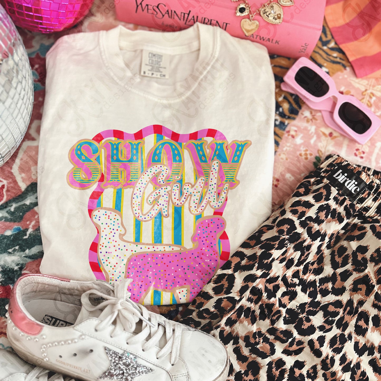 Show Girl Lamb Sublimation Design PNG Digital Download Pink Blue Stripe