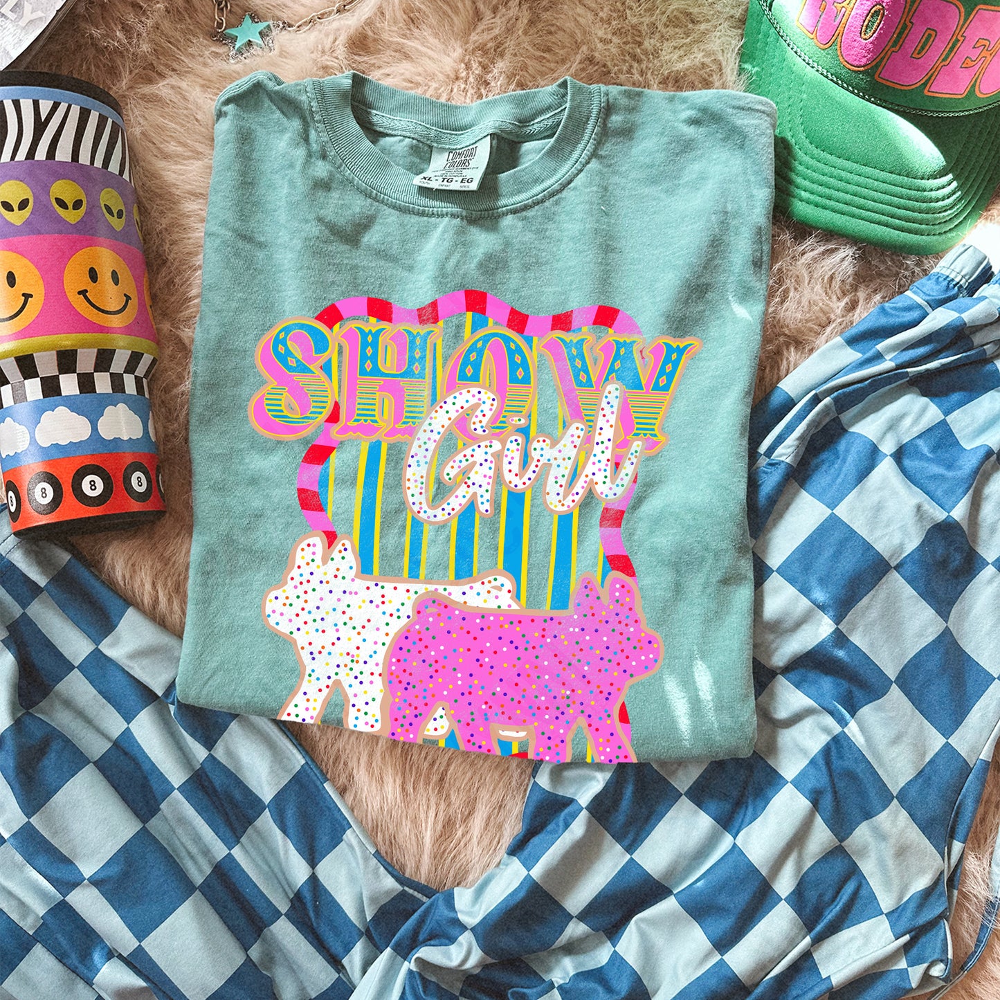 Show Girl Pig Sublimation Design PNG Digital Download Pink Blue Stripe
