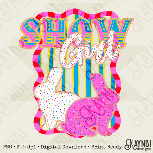 Show Girl Rabbit Sublimation Design PNG Digital Download Pink Blue Stripe