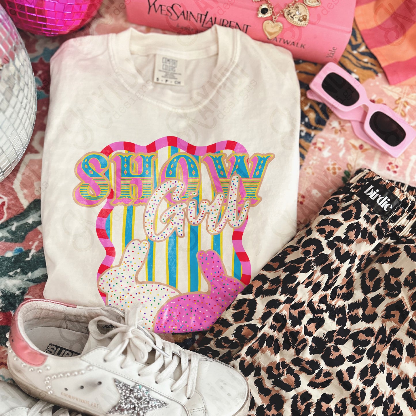 Show Girl Rabbit Sublimation Design PNG Digital Download Pink Blue Stripe