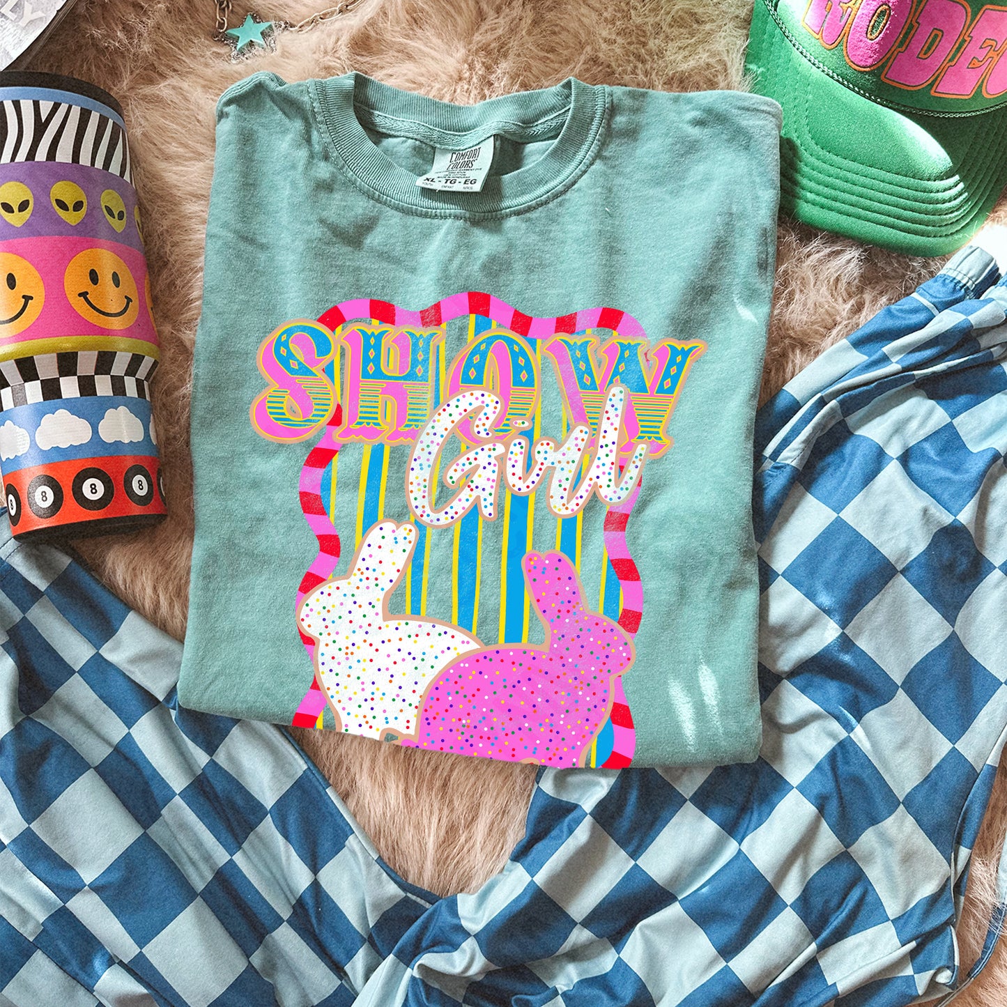 Show Girl Rabbit Sublimation Design PNG Digital Download Pink Blue Stripe
