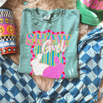 Show Girl Rabbit Sublimation Design PNG Digital Download Pink Blue Stripe