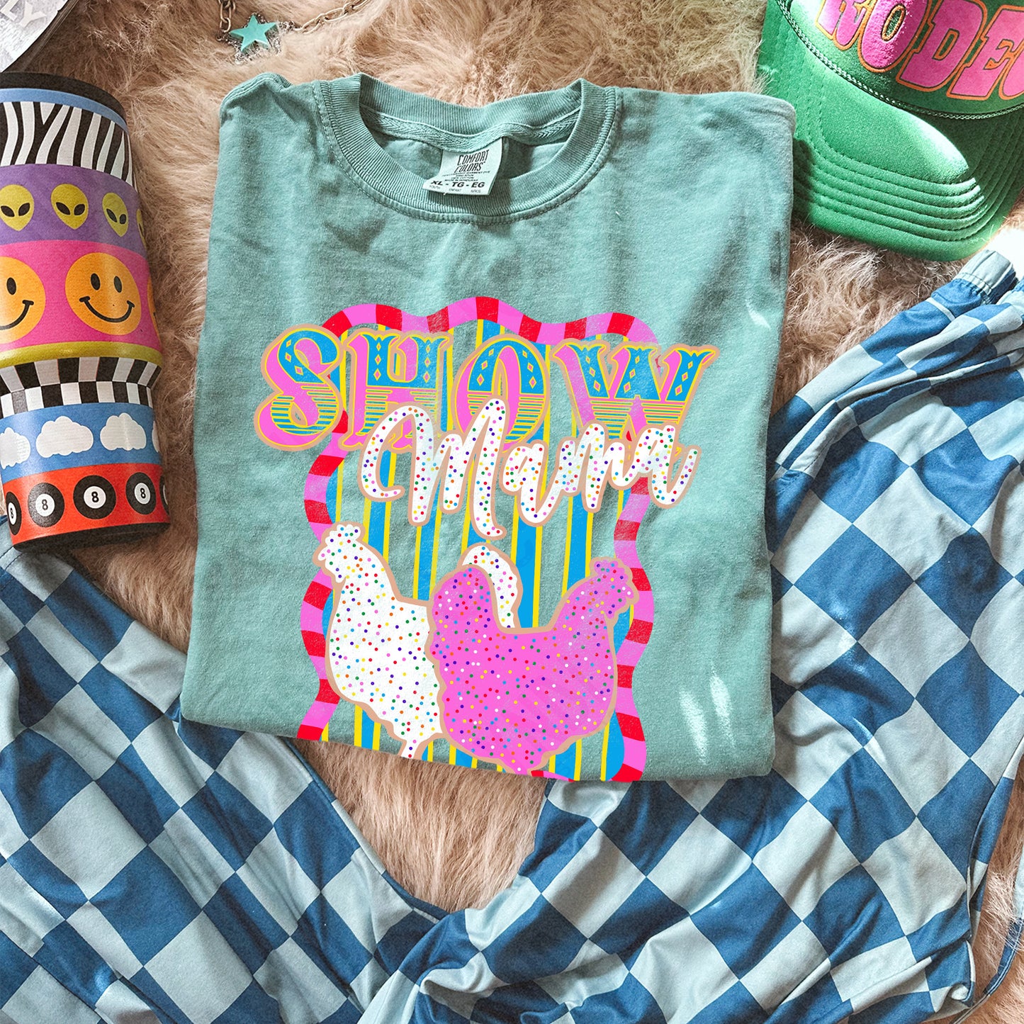 Show Mama Chicken Sublimation Design PNG Digital Download Pink Stripe