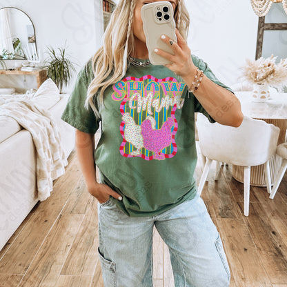 Show Mama Chicken Sublimation Design PNG Digital Download Pink Stripe