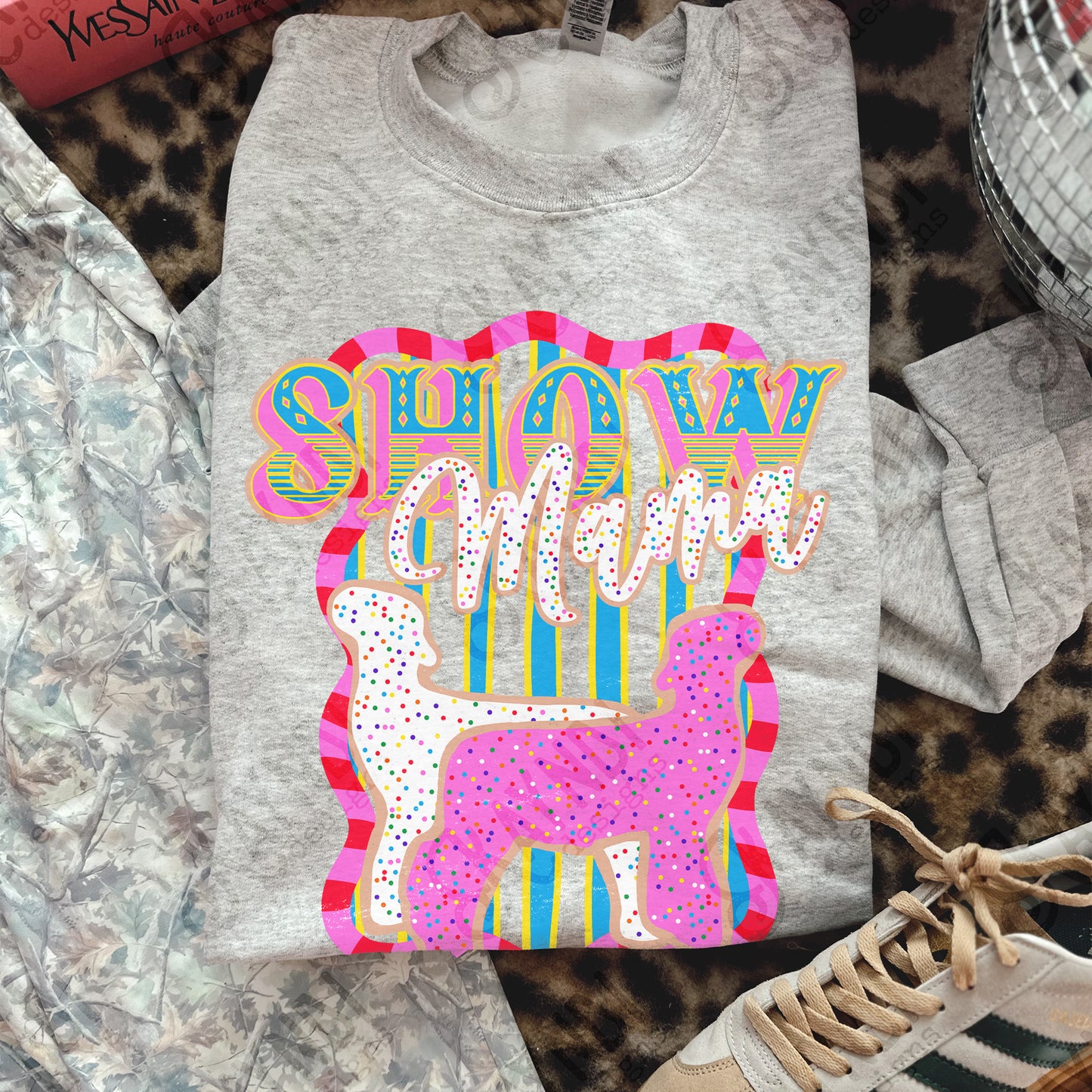 Show Mama Lamb Sublimation Design PNG Digital Download Pink Blue Stripe