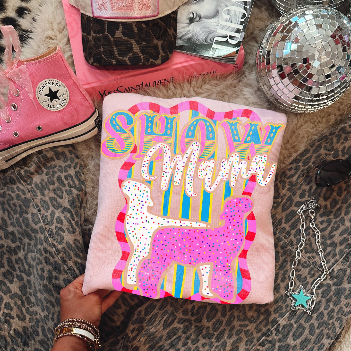 Show Mama Lamb Sublimation Design PNG Digital Download Pink Blue Stripe