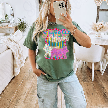 Show Mama Pig Sublimation Design PNG Digital Download Pink Blue Stripe