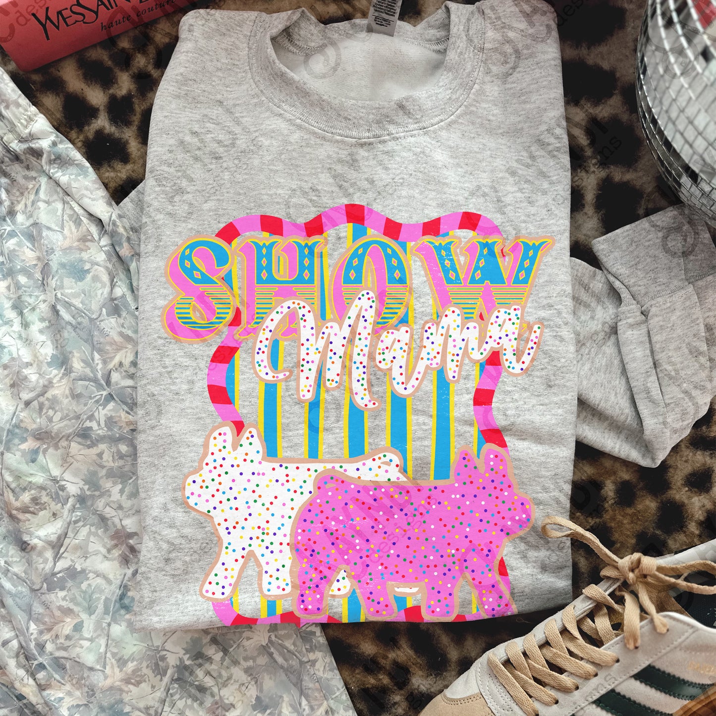 Show Mama Pig Sublimation Design PNG Digital Download Pink Blue Stripe