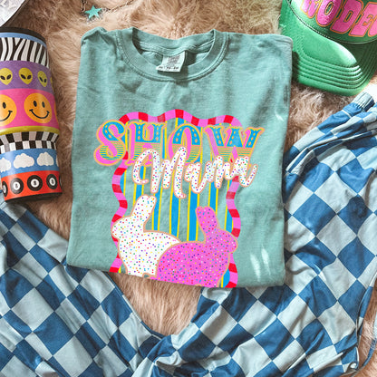 Show Mama Rabbit Sublimation Design PNG Digital Download Pink Blue Stripe