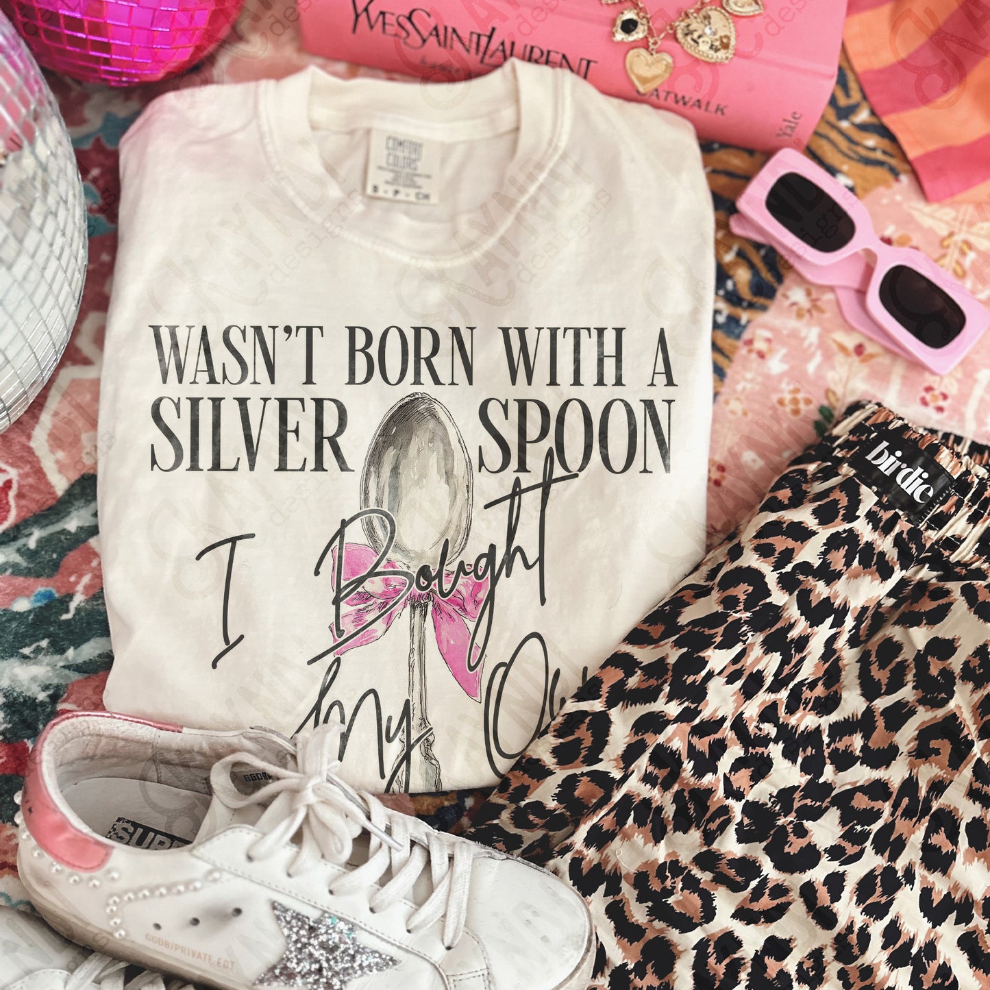 Silver Spoon I Bought My Own Black Sublimation Design PNG Digital Download Pink Bow