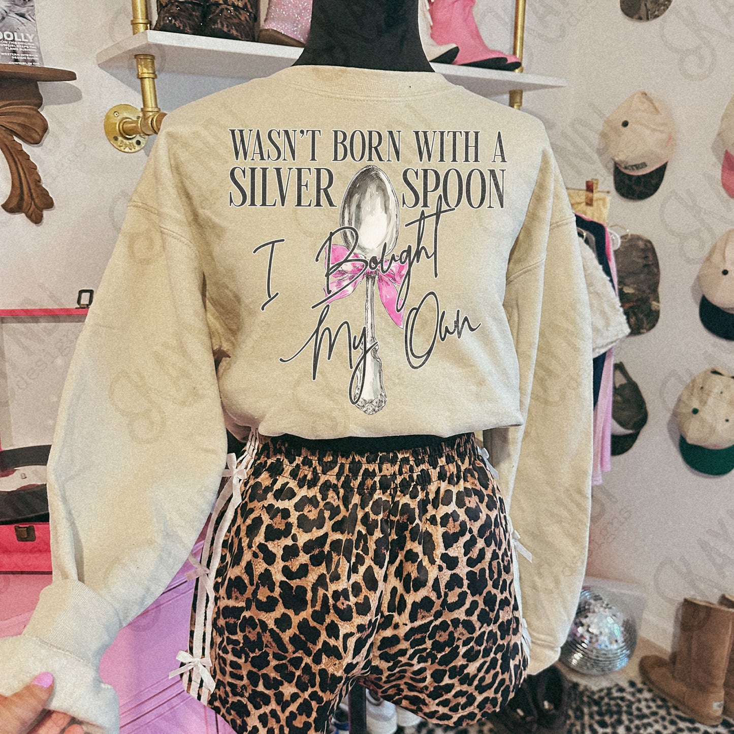 Silver Spoon I Bought My Own Black Sublimation Design PNG Digital Download Pink Bow