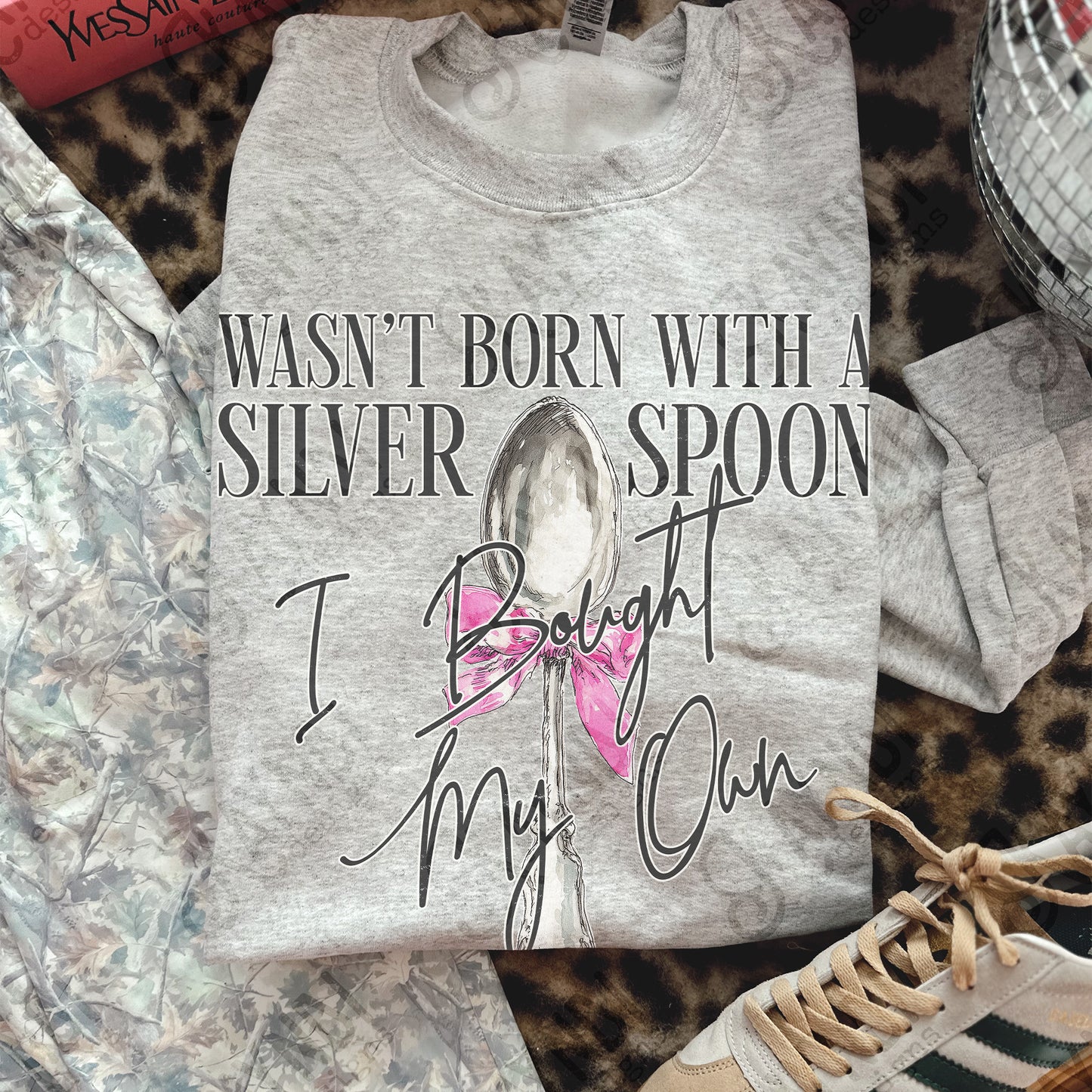 Silver Spoon I Bought My Own Black Sublimation Design PNG Digital Download Pink Bow